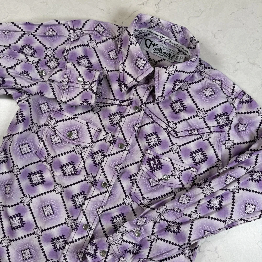 Cowgirl Hardware Western Shirt Girls 6/S Long Sleeve Aztec Purple Crystal Snaps - Picture 2 of 14